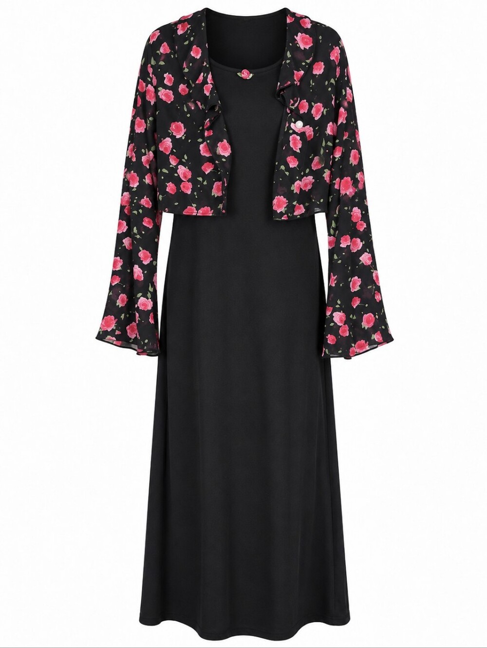 ME 2 KIDS |‎ Black and Pink Floral Dress With Attached Rose Floral Jacket | 14
